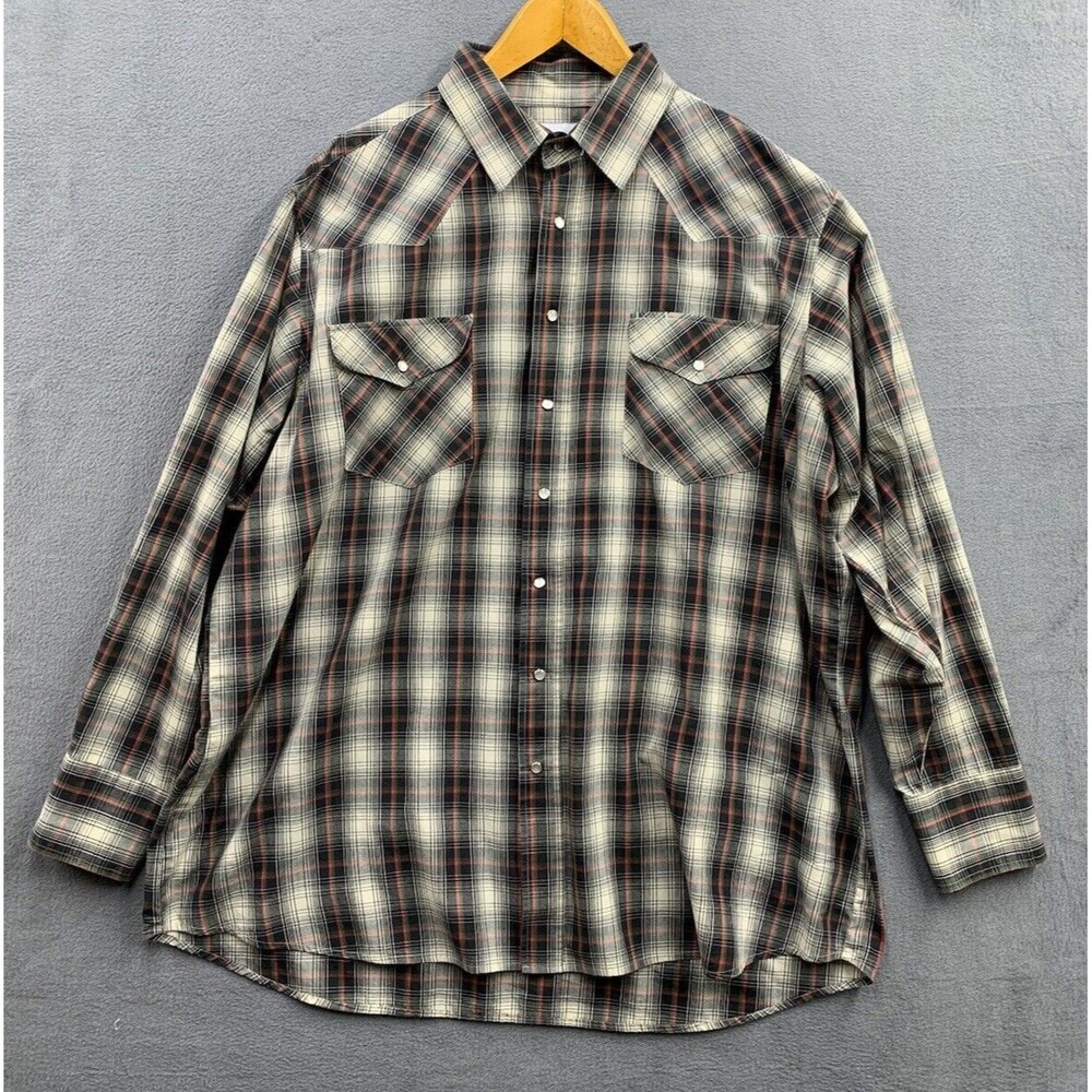 Vtg Rock Creek Ranch Pearl Snap Shirt Big Mens 2XL Green Gray Plaid Top Cowboy